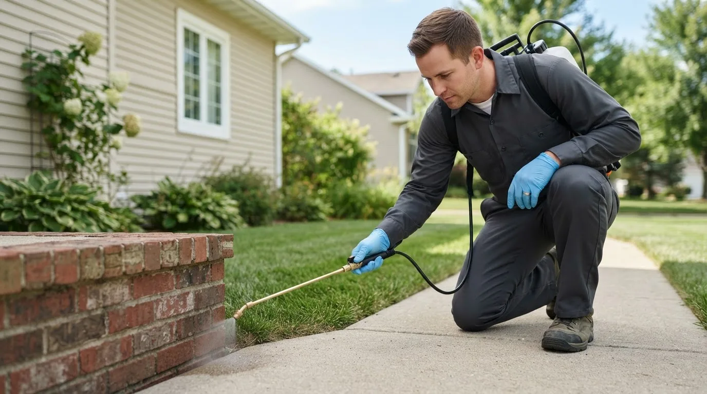 Pest control technician treating a home near Tabor, IA